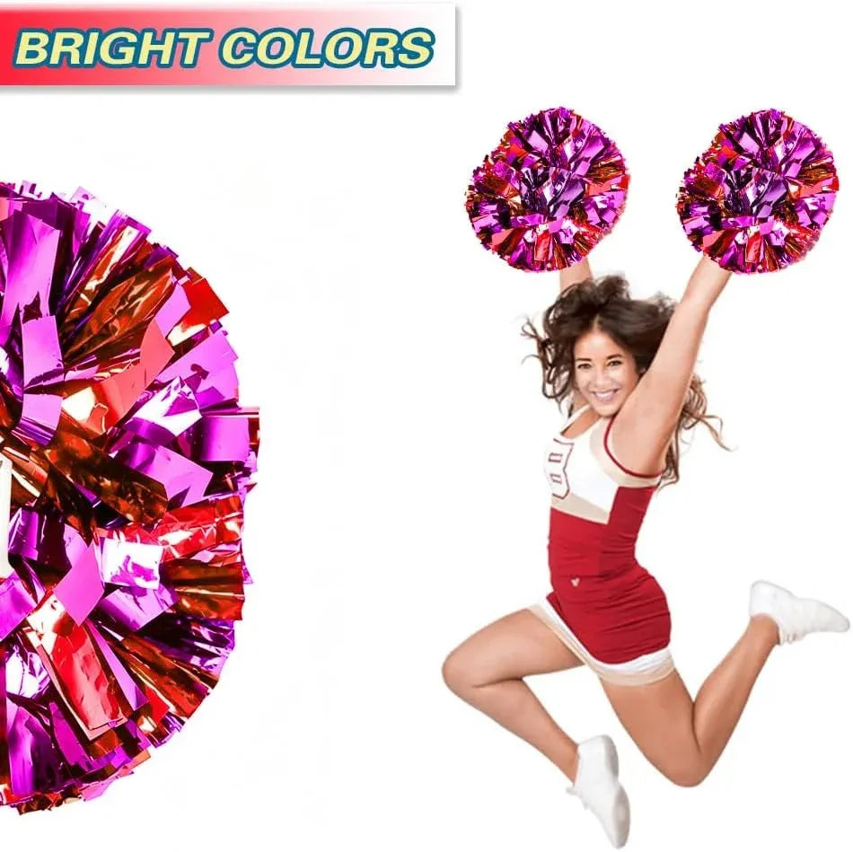 6 Pcs Metallic Cheerleading Pom Poms with Baton Handles for Sports Team Parties, Red Pink