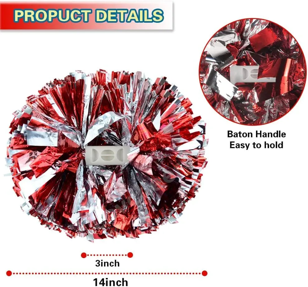 6 Pcs Metallic Cheerleading Pom Poms with Baton Handles for Sports Team Parties, Red Silver