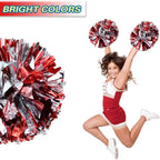 6 Pcs Metallic Cheerleading Pom Poms with Baton Handles for Sports Team Parties, Red Silver
