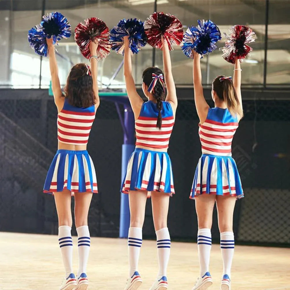 6 Pcs Metallic Cheerleading Pom Poms with Baton Handles for Sports Team Parties, Red Silver