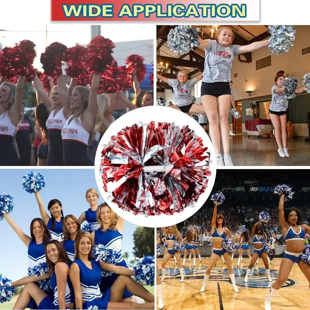 6 Pcs Metallic Cheerleading Pom Poms with Baton Handles for Sports Team Parties, Red Silver