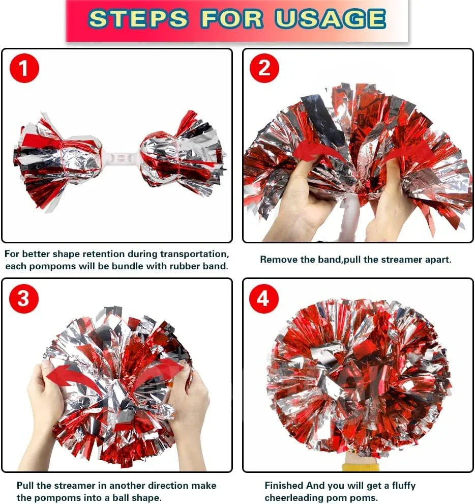 6 Pcs Metallic Cheerleading Pom Poms with Baton Handles for Sports Team Parties, Red Silver