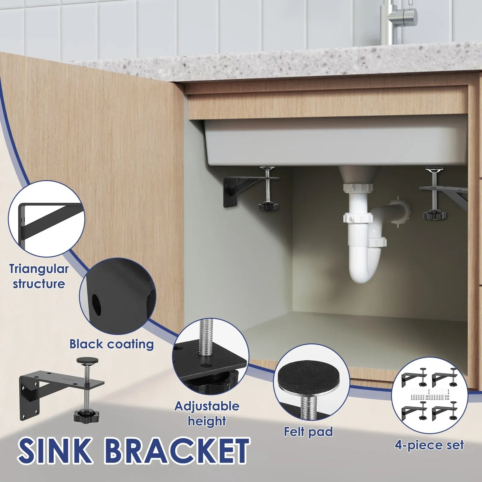 4 Pcs Undermount Sink Brackets, Heavy Duty Adjustable Iron Support Brackets, Black 11cm