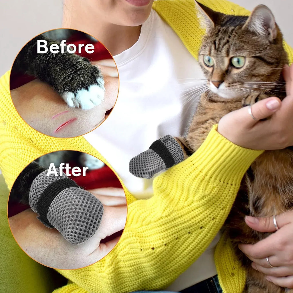 4 Pcs Cat Mittens, Adjustable Breathable Mesh Anti Scratch Paw Covers for Bathing Grooming, Gray L