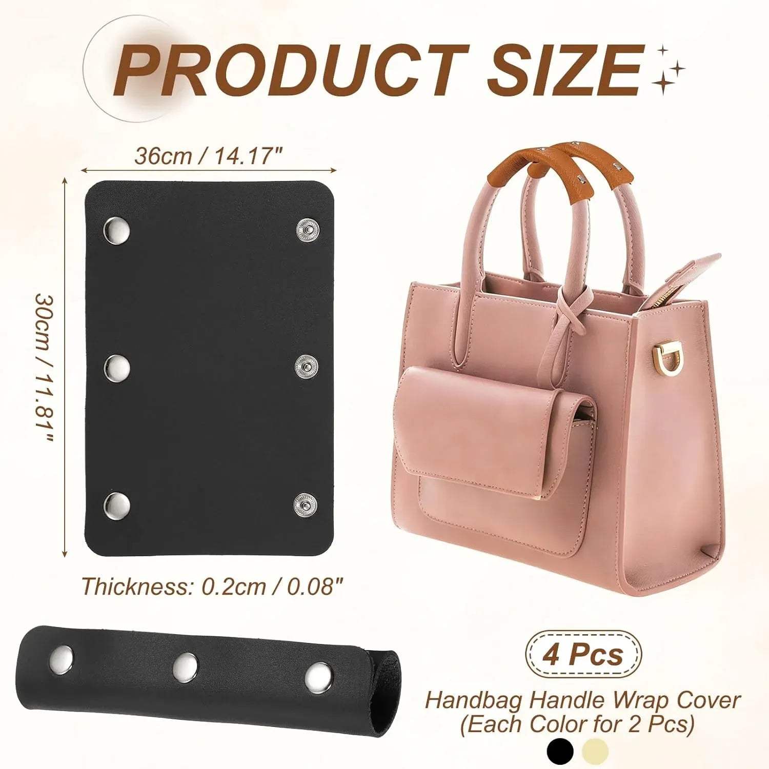 4 Pcs Handbag Handle Covers, PVC Leather Grip Protectors with Buckles, Beige and Black