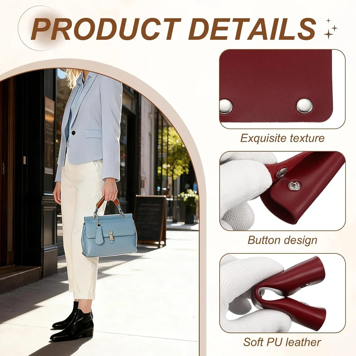4 Pcs Handbag Handle Covers, PVC Leather Non Slip Grip Protectors with Buckles, Burgundy