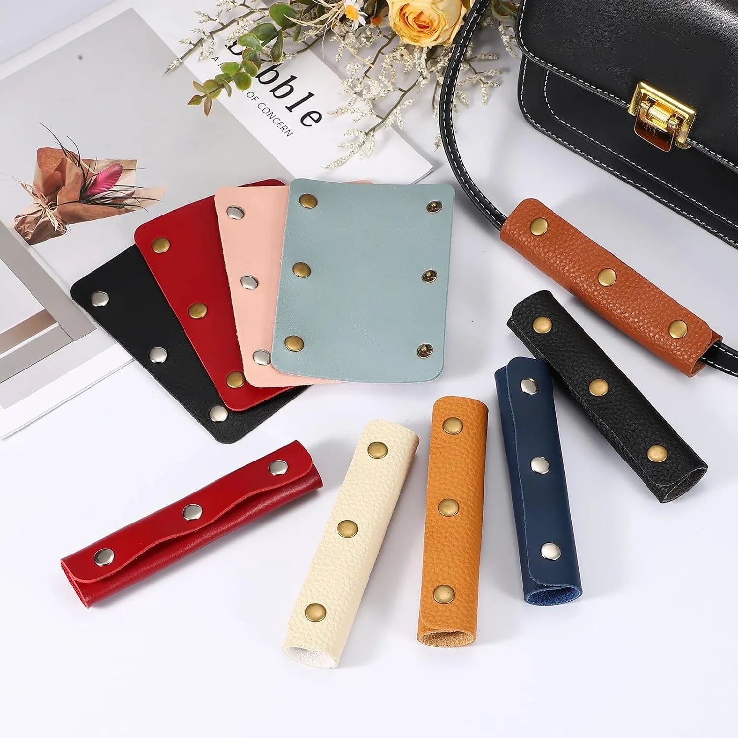 4 Pcs Handbag Handle Covers, PVC Leather Grip Protectors with Buckles, Orange Brown Beige