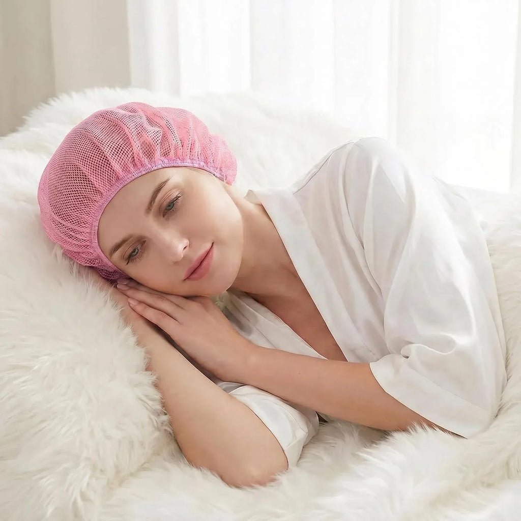 4 Pcs Mesh Sleep Bonnets for Women, Breathable Elastic Hair Nets for Sleeping, Pink and Black