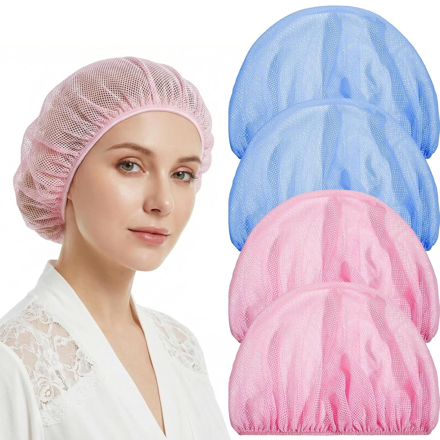 4 Pack Mesh Sleep Bonnets for Women, Breathable Elastic Hair Nets for Sleeping Hair Drying, Pink Blue