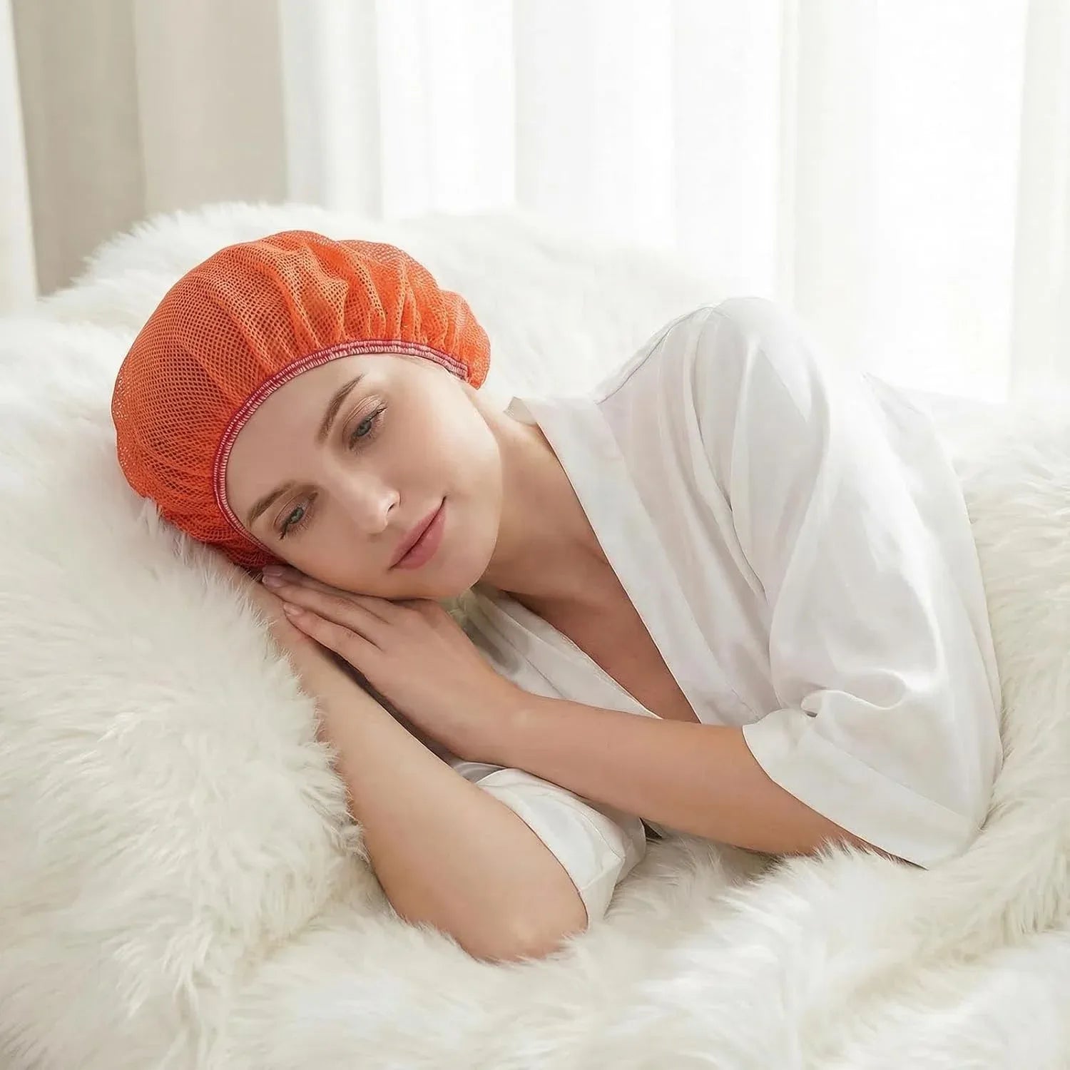 4 Pack Mesh Sleep Bonnets for Women, Breathable Elastic Hair Nets, Pink Blue Orange Black