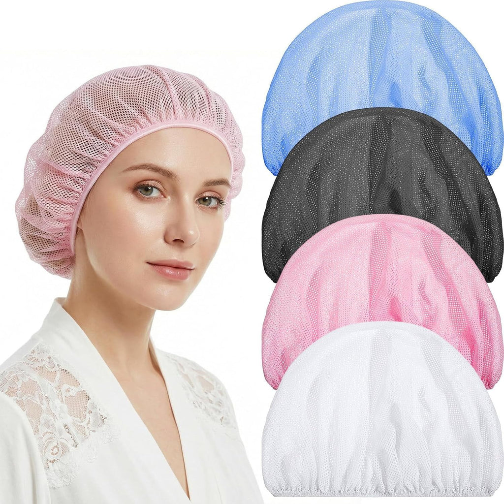 4 Pcs Mesh Sleep Bonnets for Women, Breathable Elastic Hair Nets, Pink Blue White Black