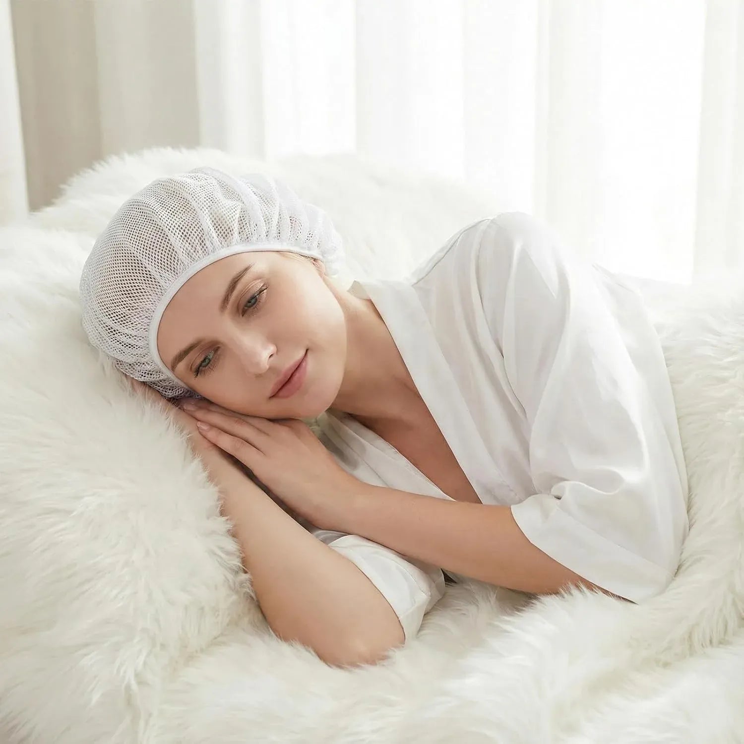 4 Pcs Mesh Sleep Bonnets for Women, Breathable Elastic Hair Nets, Pink Blue White Black