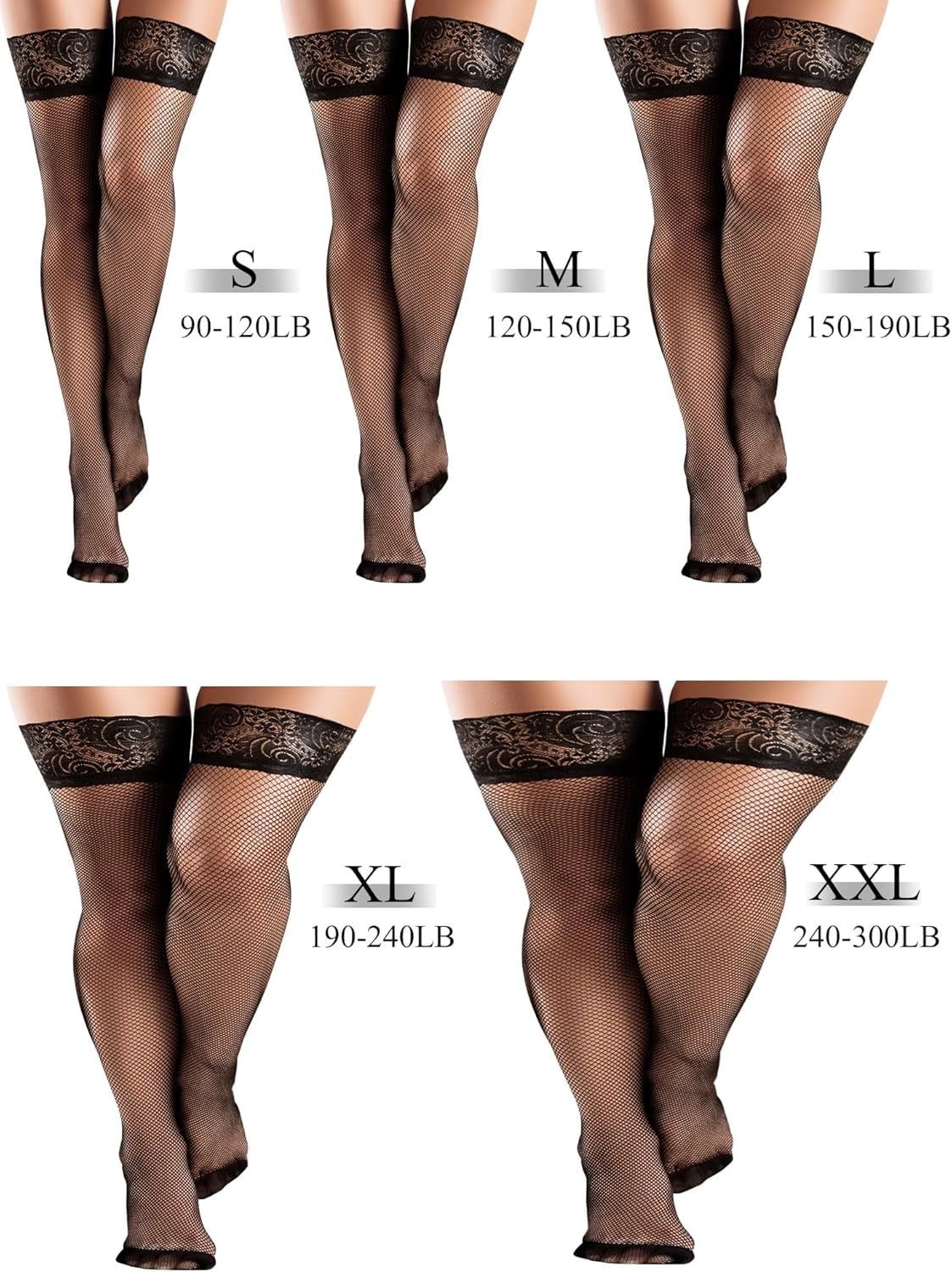 4 Pairs Women's Thigh High Stockings, Fishnet Sheer Lace Silicone Top Over Knee Socks
