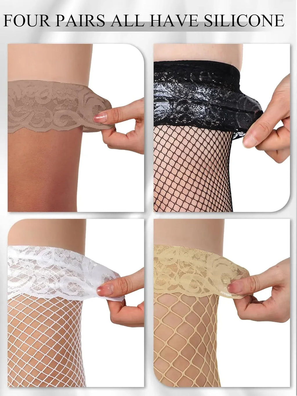 4 Pairs Women's Thigh High Stockings, Fishnet Sheer Lace Silicone Top Over Knee Socks