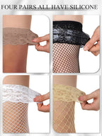 4 Pairs Women's Thigh High Stockings, Fishnet Sheer Lace Silicone Top Over Knee Socks