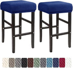 Square Saddle Bar Stool Covers Set of 2, Stretch Jacquard Washable Seat Slipcovers, Navy Blue