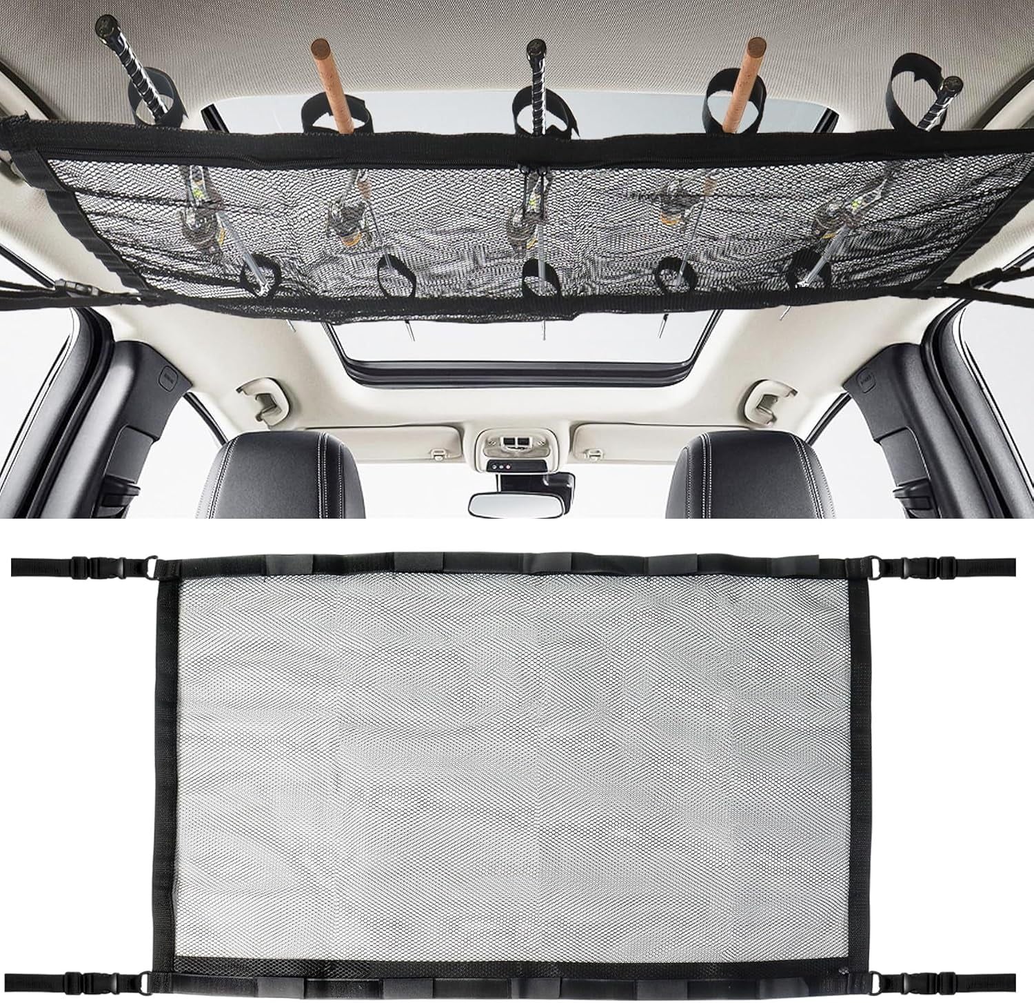 Car Ceiling Fishing Rod Holder, Double Layer Mesh Storage Net, Fits 5 Rods, Black 32 x 22 In