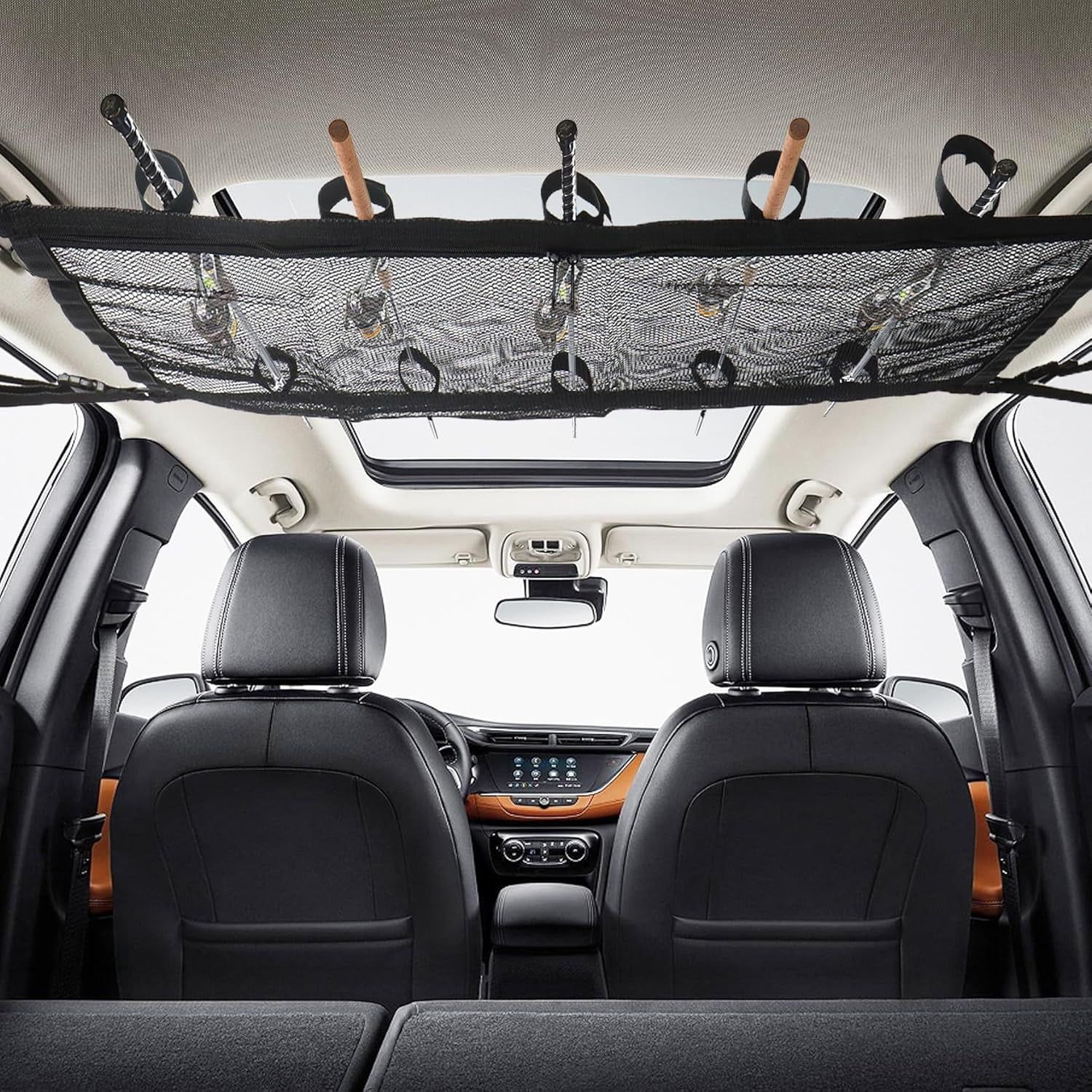 Car Ceiling Fishing Rod Holder, Double Layer Mesh Storage Net, Fits 5 Rods, Black 32 x 22 In