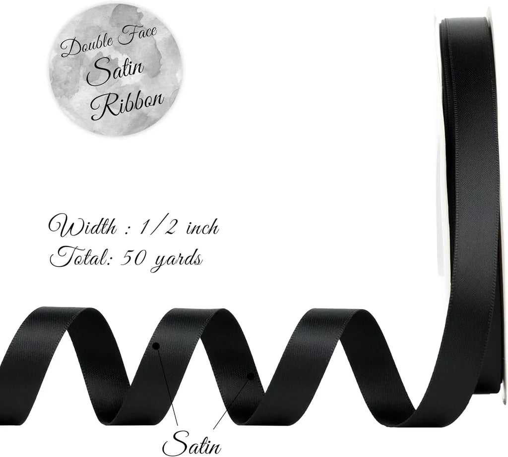 Double Face Satin Ribbon, Polyester Gift Wrapping Wedding Craft Ribbon, Black 1/2 In x 50 Yd