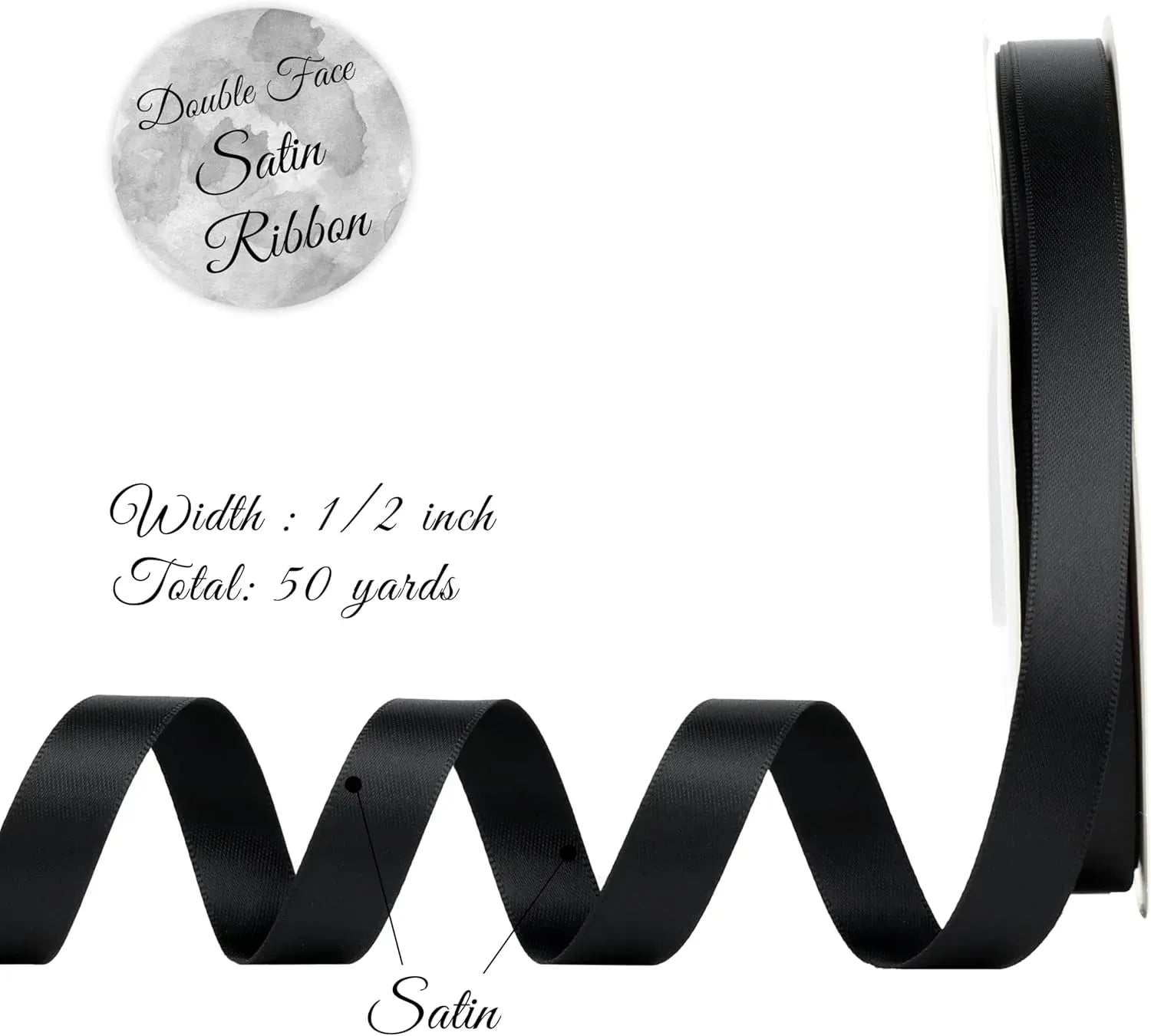 Double Face Satin Ribbon, Polyester Gift Wrapping Wedding Craft Ribbon, Black 1/2 In x 50 Yd
