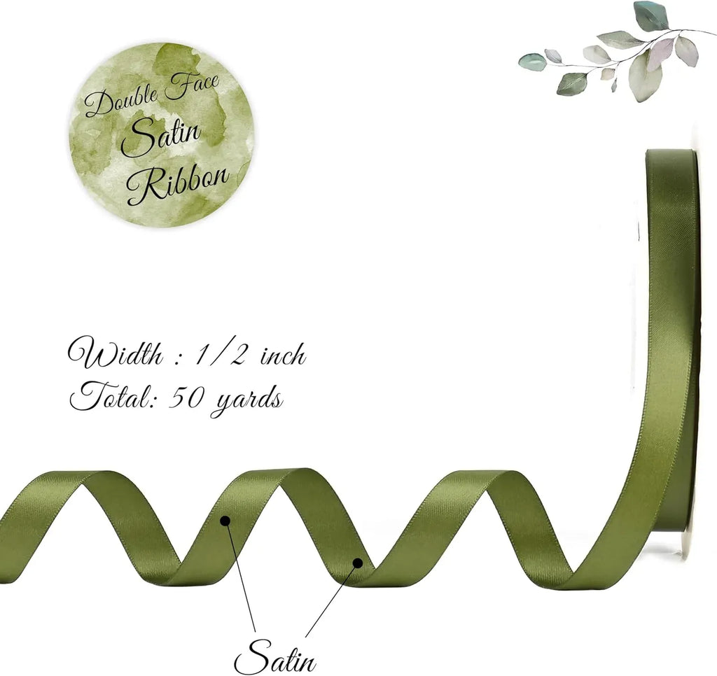 Double Face Satin Ribbon, Polyester Craft Ribbon for Wedding Gift Wrap, Olive Green 1/2 In x 50 Yd