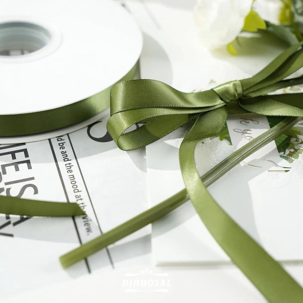 Double Face Satin Ribbon, Polyester Craft Ribbon for Wedding Gift Wrap, Olive Green 1/2 In x 50 Yd