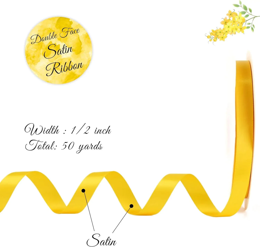 Double Face Satin Ribbon, Polyester Gift Wrapping Wedding Craft Ribbon, Yellow 1/2 In x 50 Yd