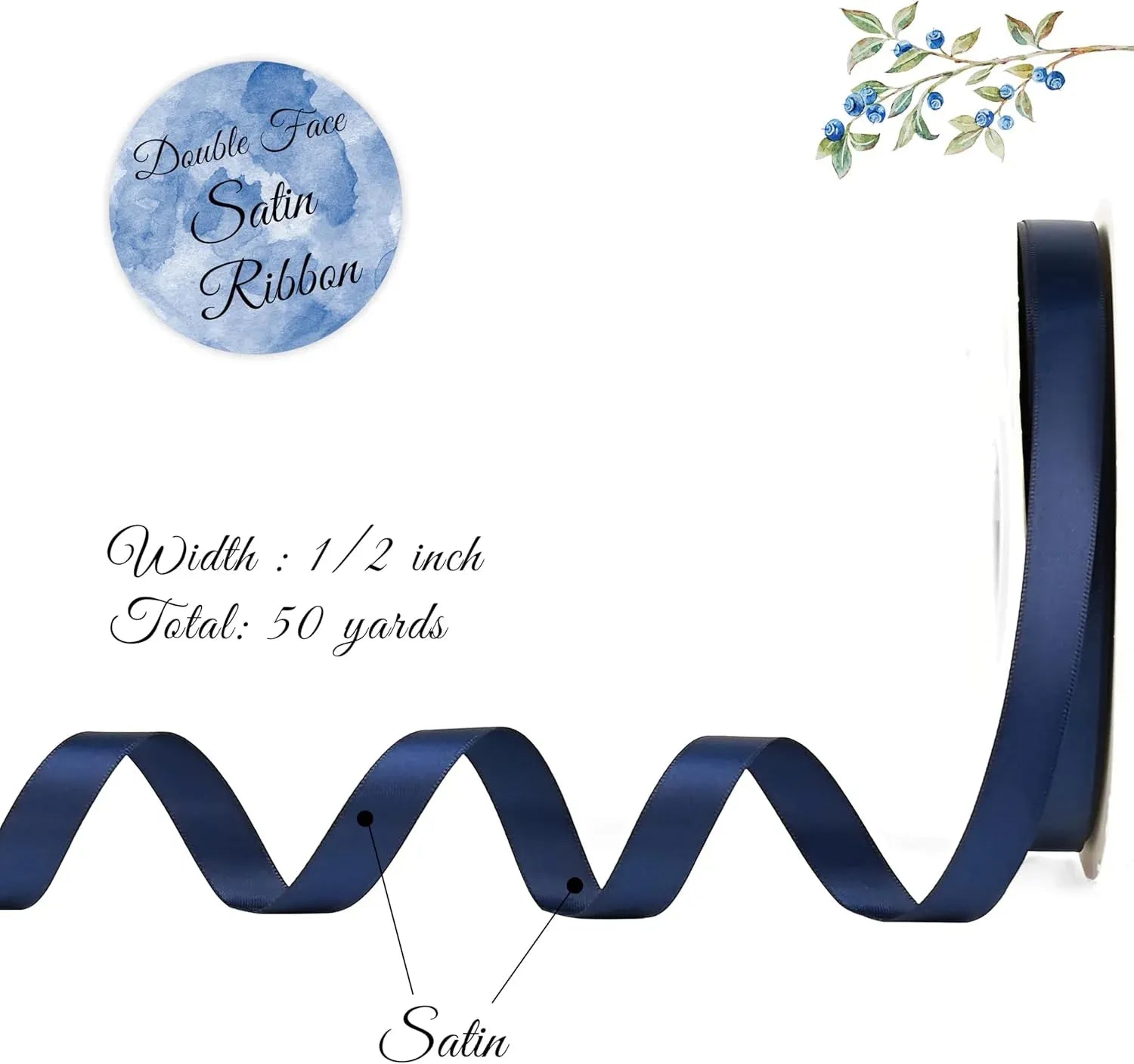 Double Face Satin Ribbon, Thin Polyester Craft Ribbon for Wedding Decor, Dusty Blue 1/2 In x 50 Yd