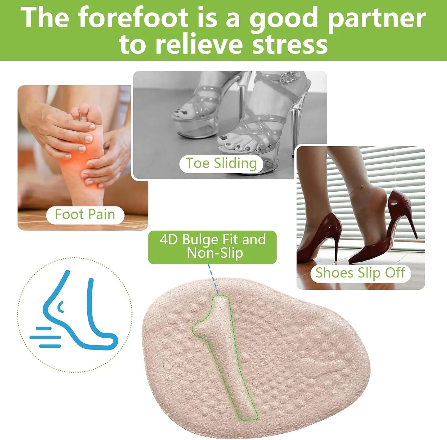 4 Pack Gel Ball of Foot Cushions, Anti Slip Metatarsal Pads for High Heels Pain Relief, Camel