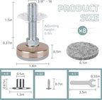 8 Pack Heavy Duty Furniture Levelers, 3/8-16 Adjustable Leg Levelers for Tables Chairs, Silver