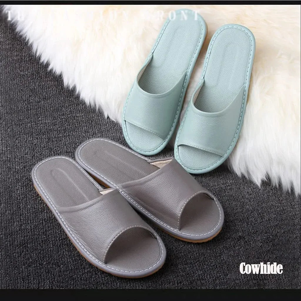 Black Leather Open Toe Slippers, Non Slip Indoor House Sandals for Men Women, EUR37-38