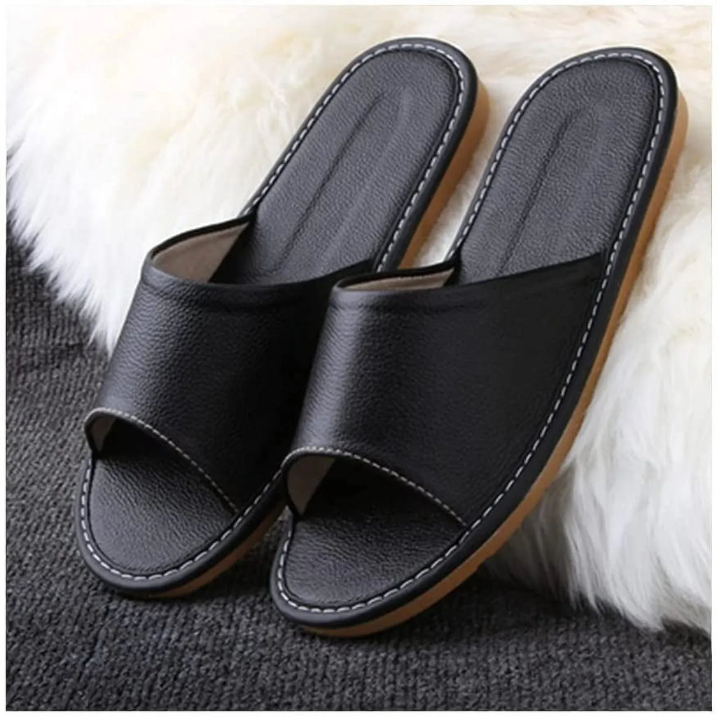 Black Leather Open Toe Slippers, Non Slip Indoor House Sandals for Men Women, EUR43-44
