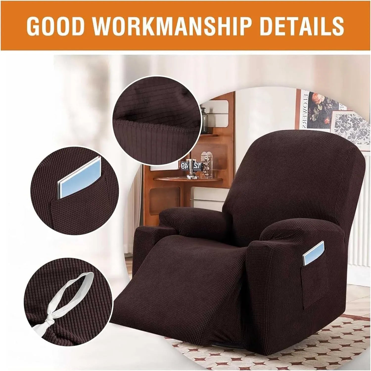 Power Lift Recliner Chair Cover, Stretch Jacquard Fitted Slipcover with Side Pocket, Brown