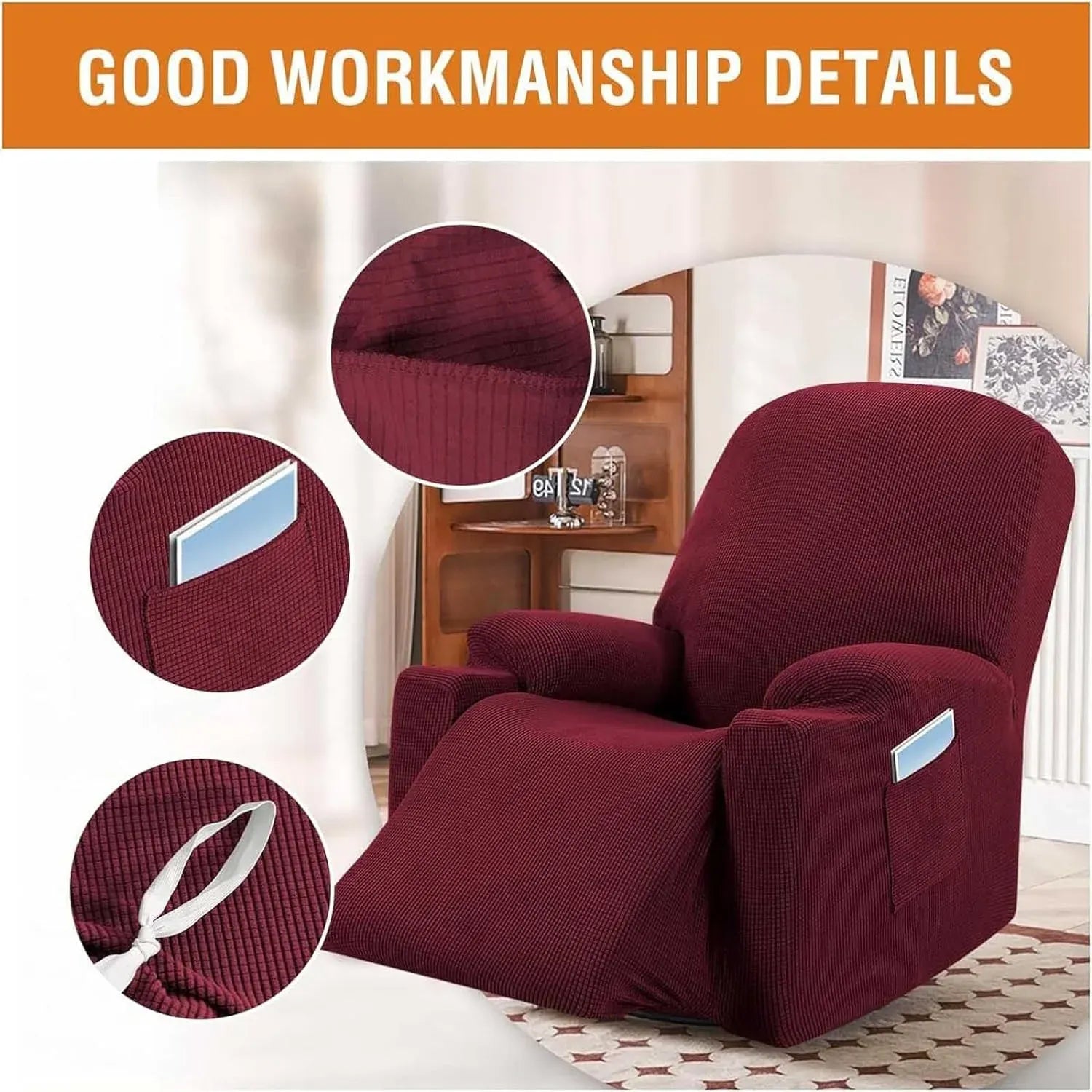 Power Lift Recliner Chair Cover, Stretch Jacquard Slipcover with Side Pocket, Wine Red