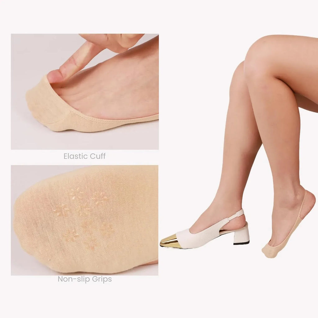 5 Pairs Women's No Show Half Socks, Grippers Heel Straps Low Cut Toe Toppers for Flats, Nude