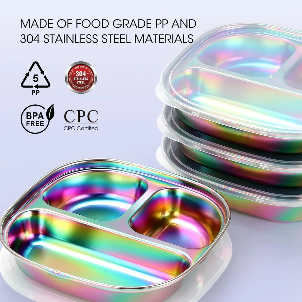 4 Pcs Stainless Steel Kids Plates, 304 Divided Toddler Plates with Lids, Rainbow Color