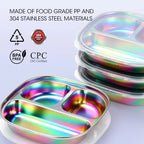 4 Pcs Stainless Steel Kids Plates, 304 Divided Toddler Plates with Lids, Rainbow Color