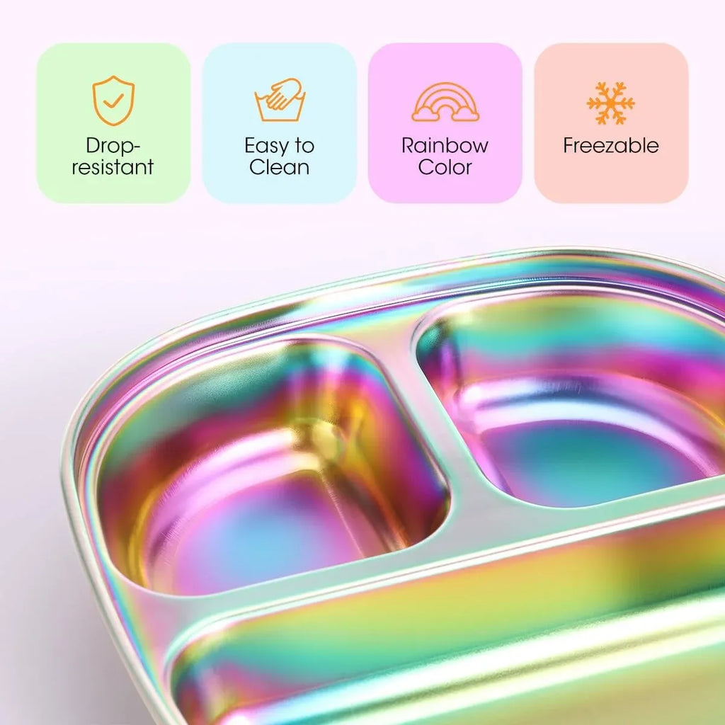4 Pcs Stainless Steel Kids Plates, 304 Divided Toddler Plates with Lids, Rainbow Color