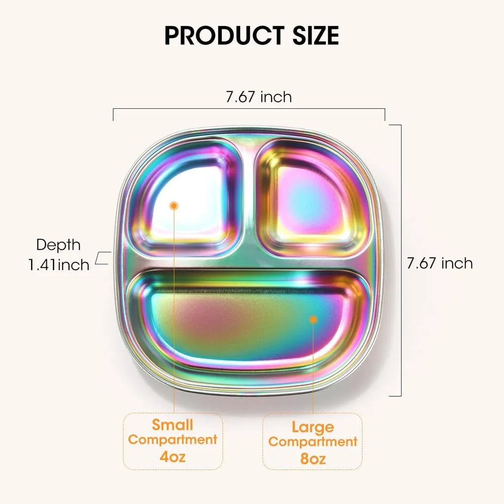 4 Pcs Stainless Steel Kids Plates, 304 Divided Toddler Plates with Lids, Rainbow Color