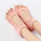 4 Pairs Women's Toeless Yoga Socks, Cotton Non Slip Grip 5 Toe Socks for Pilates Barre, One Size