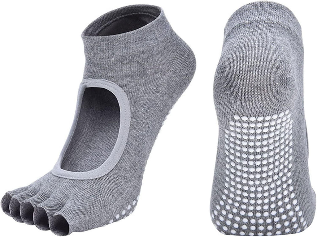 4 Pairs Women's Toeless Yoga Socks, Cotton Non Slip Grip 5 Toe Socks for Pilates Barre, One Size