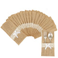 20 Pack Burlap Cutlery Holders, Jute Utensil Pouches with White Lace for Wedding Table