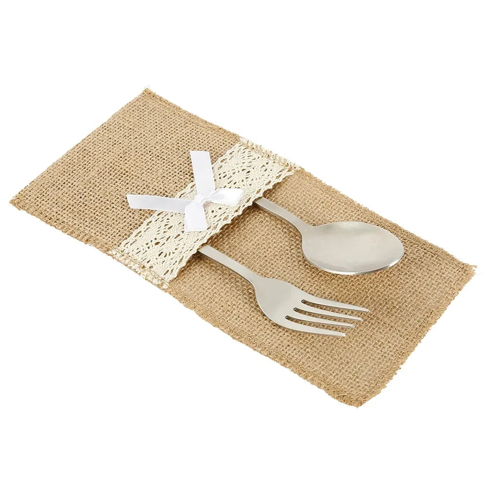 20 Pack Burlap Cutlery Holders, Jute Utensil Pouches with White Lace for Wedding Table