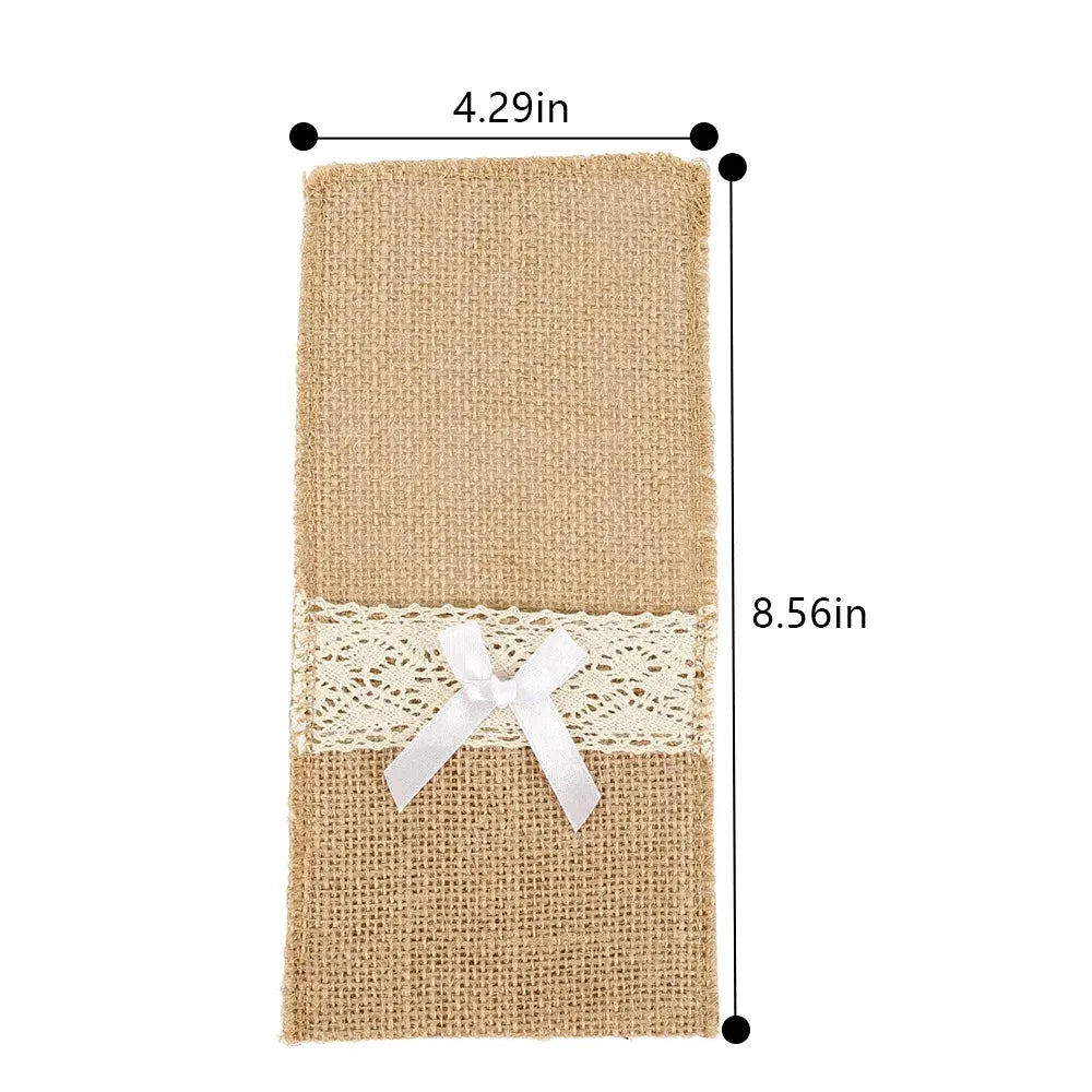 20 Pack Burlap Cutlery Holders, Jute Utensil Pouches with White Lace for Wedding Table