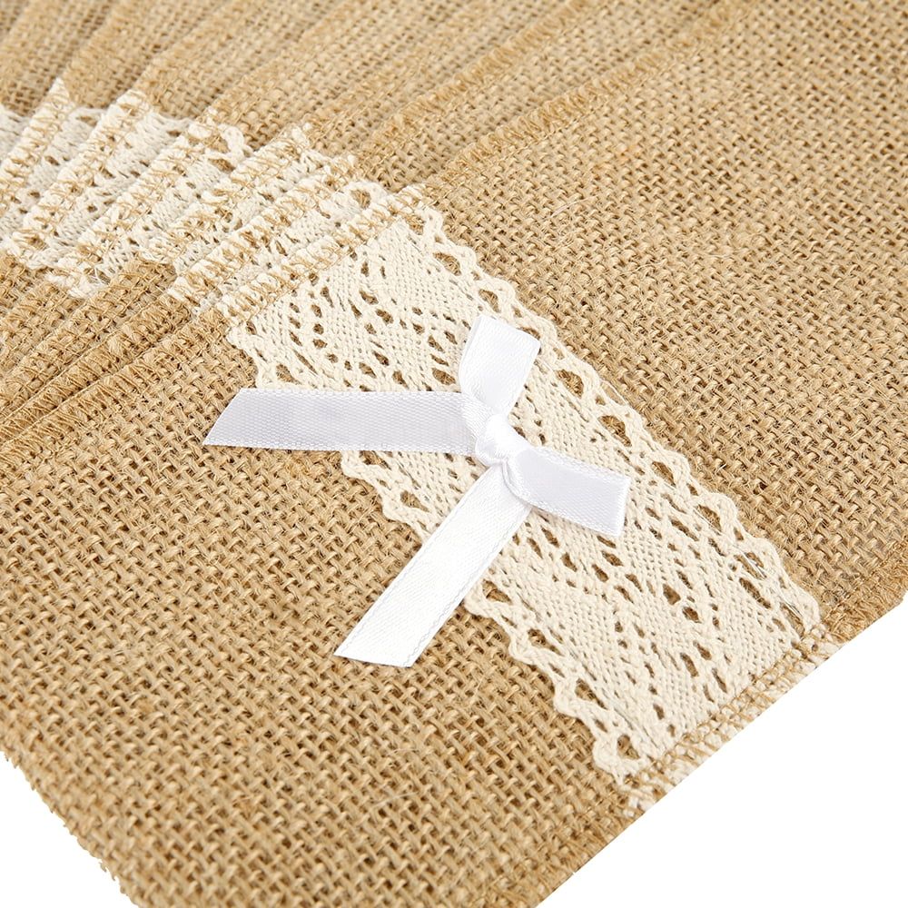 20 Pack Burlap Cutlery Holders, Jute Utensil Pouches with White Lace for Wedding Table