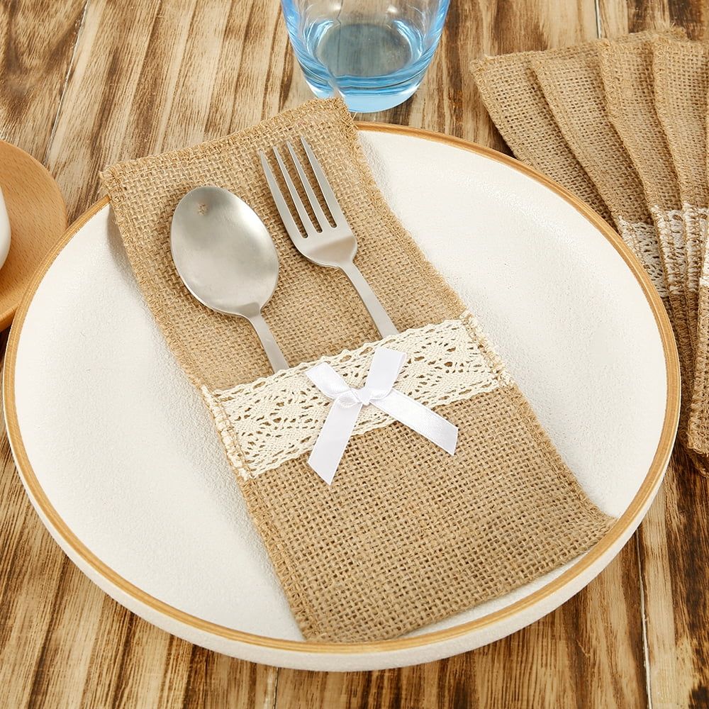 20 Pack Burlap Cutlery Holders, Jute Utensil Pouches with White Lace for Wedding Table