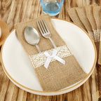 20 Pack Burlap Cutlery Holders, Jute Utensil Pouches with White Lace for Wedding Table