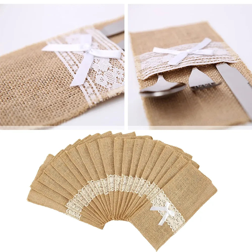 20 Pack Burlap Cutlery Holders, Jute Utensil Pouches with White Lace for Wedding Table