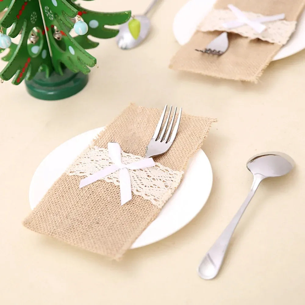 20 Pack Burlap Cutlery Holders, Jute Utensil Pouches with White Lace for Wedding Table