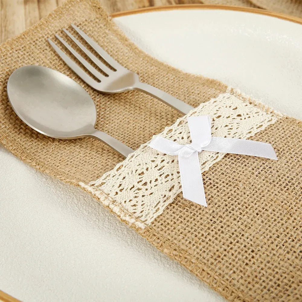 20 Pack Burlap Cutlery Holders, Jute Utensil Pouches with White Lace for Wedding Table